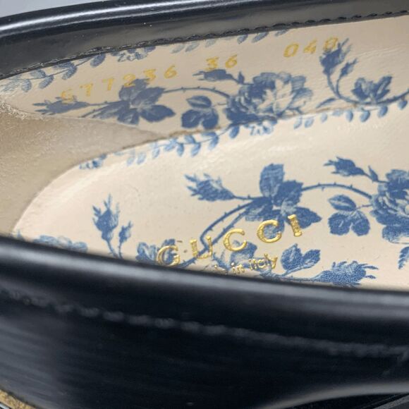 Gucci Black Leather Lug Sole Horsebit Loafers EU 36 Gold Horsebit Bee Embroidery - Picture 12 of 13